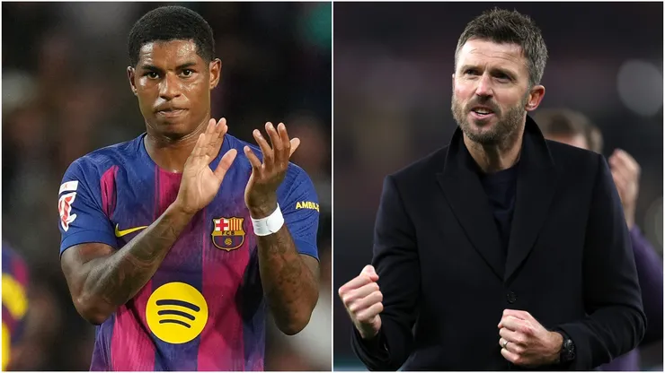 Barcelona's Marcus Rashford and Manchester United coach Michael Carrick.