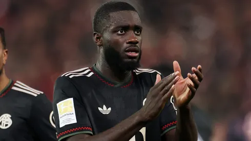 Dayot Upamecano of Bayern Munich acknowledges the fans after his team draws in the Bundesliga match.