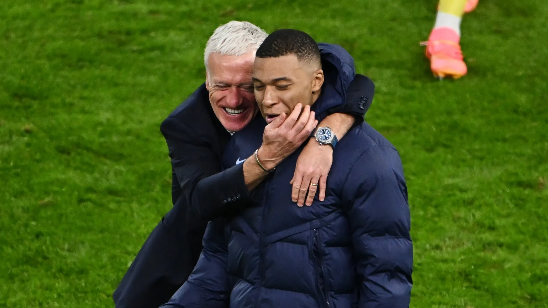 Didier Deschamps, Head Coach of France, celebrates with Kylian Mbappe.
