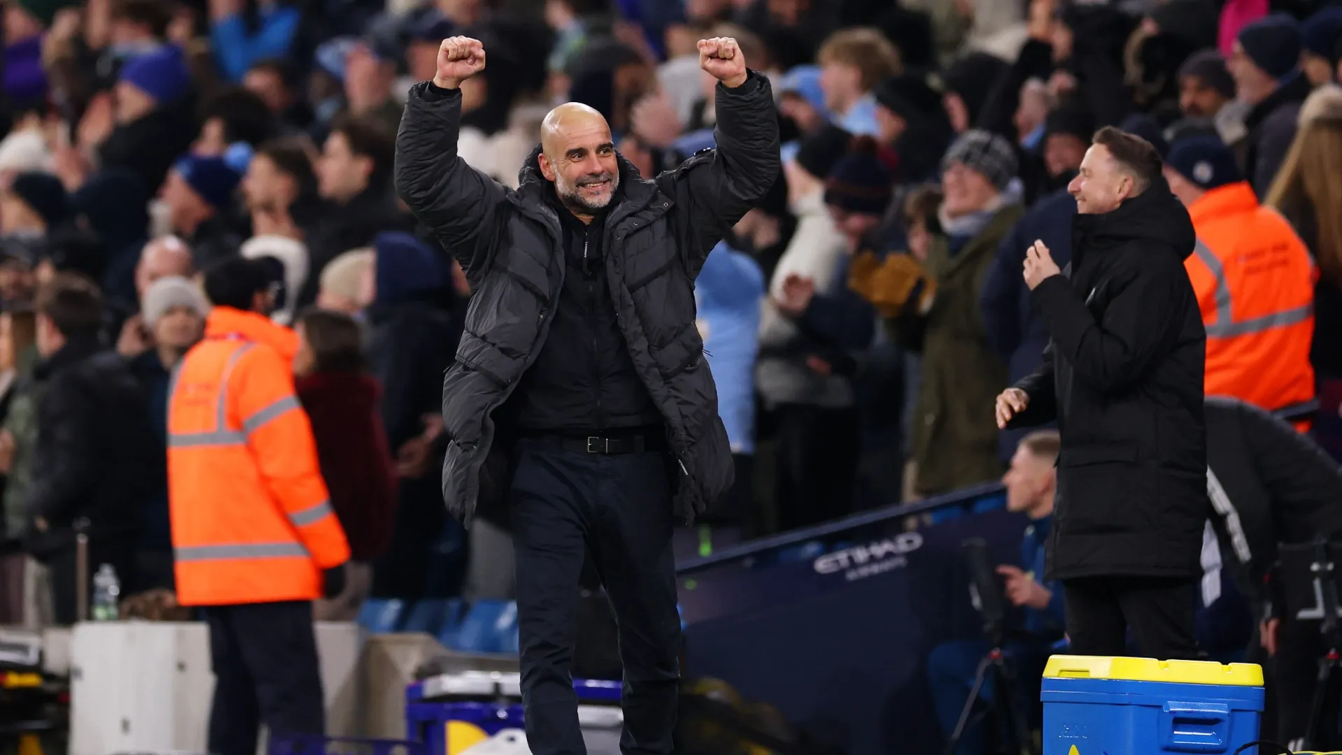 Pep Guardiola, Manager of Manchester City, celebrates against Newcastle United.