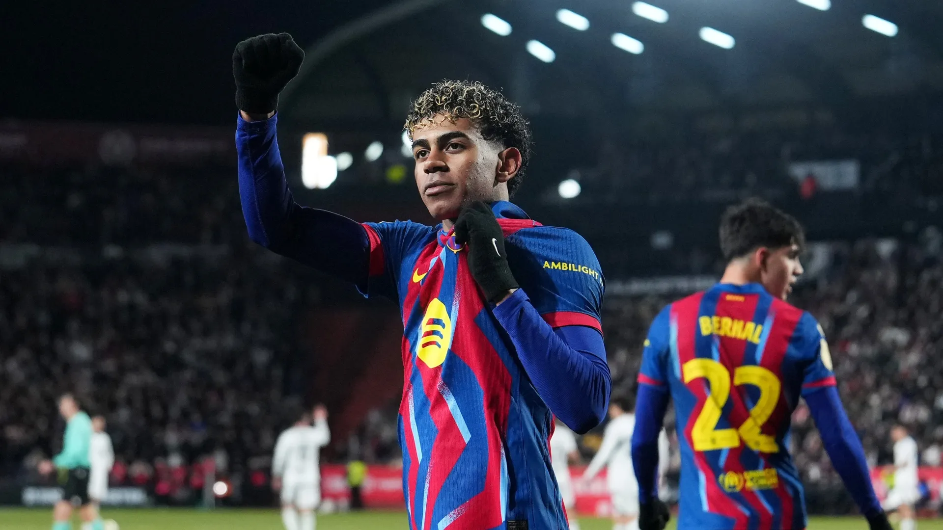 Lamine Yamal of FC Barcelona celebrates scoring against Albacete.