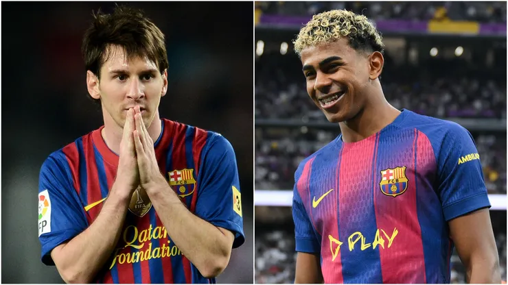 Lionel Messi and Lamine Yamal playing for Barcelona.
