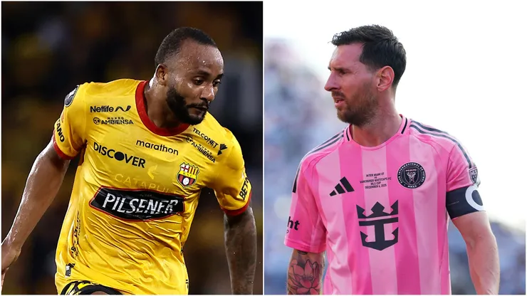 Barcelona SC's Leonai Souza and Inter Miami's Lionel Messi.
