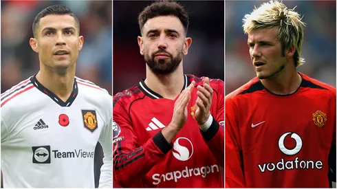 Manchester United's Cristiano Ronaldo, Bruno Fernandes and David Beckham.