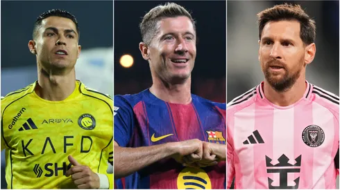 Cristiano Ronaldo (L) of Al Nassr, Robert Lewandowski (M) of FC Barcelona, and Lionel Messi (R) #10 of Inter Miami.