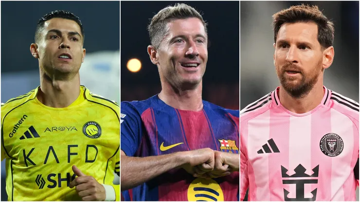 Cristiano Ronaldo (L) of Al Nassr, Robert Lewandowski (M) of FC Barcelona, and Lionel Messi (R) #10 of Inter Miami.
