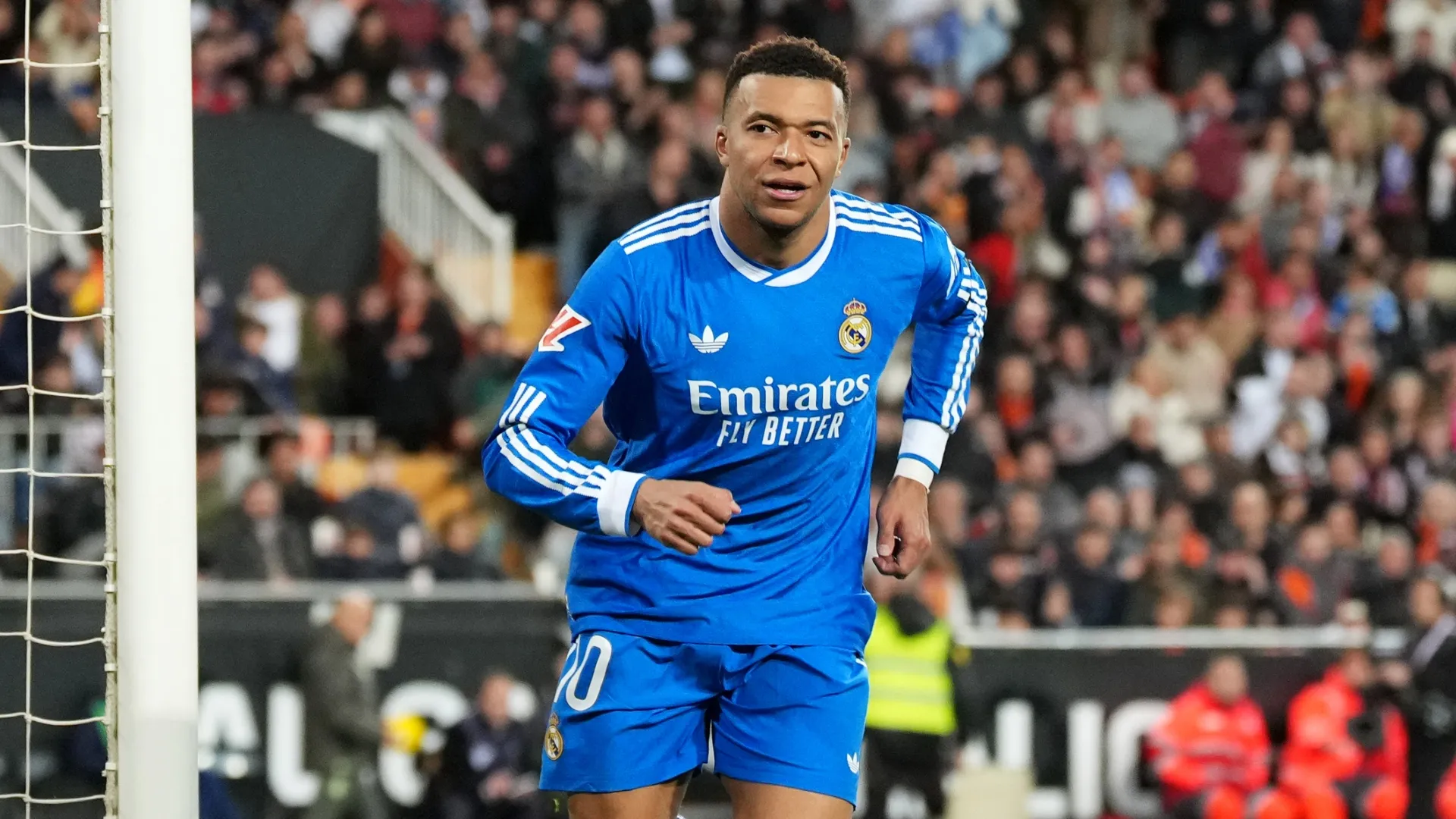 Kylian Mbappe of Real Madrid celebrates scoring against Valencia.
