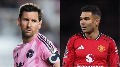 Lionel Messi (L) #10 of Inter Miami CF and Casemiro (R) of Manchester United.