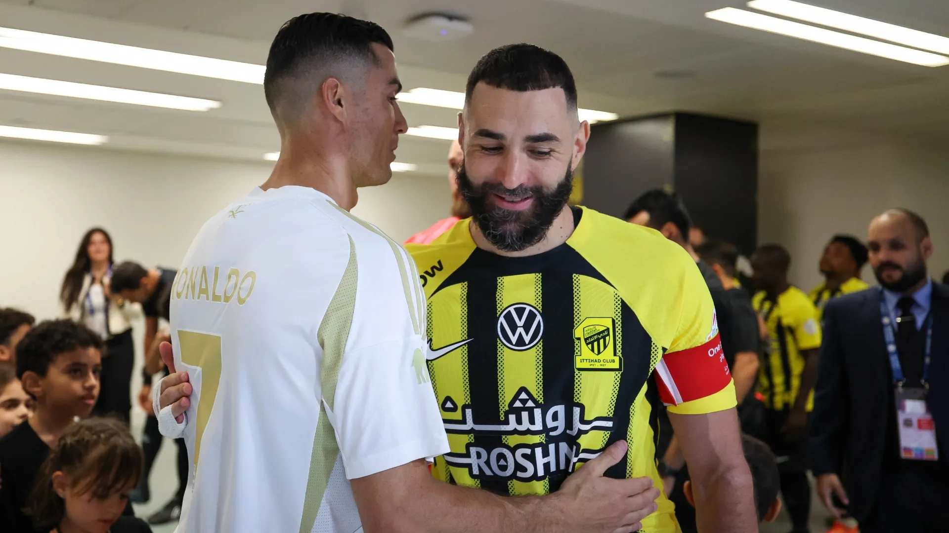 Cristiano Ronaldo of Al Nassr and Karim Benzema of Al Ittihad talk prior the Saudi Pro League match.