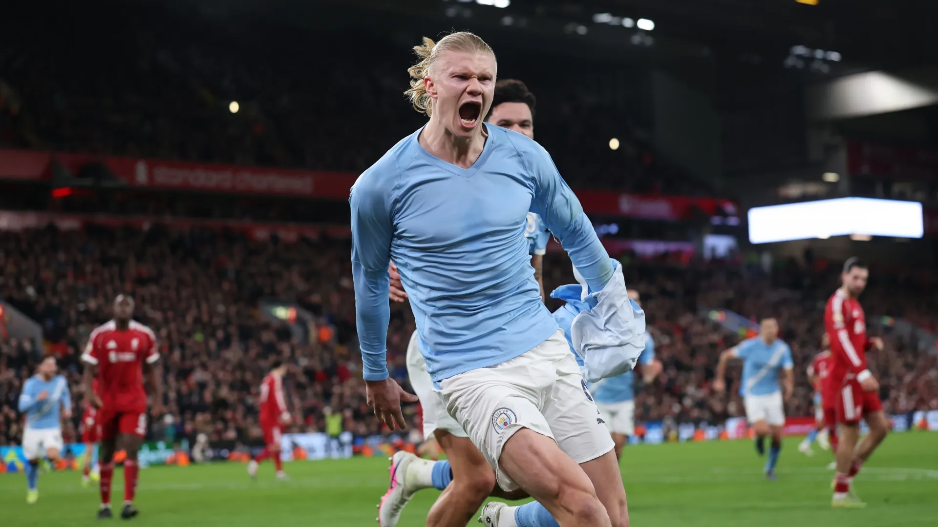 Erling Haaland of Manchester City celebrates scoring against Liverpool.