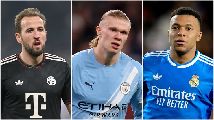 Harry Kane of FC Bayern Munich, Erling Haland of Manchester City, and Kylian Mbappe of Real Madrid.
