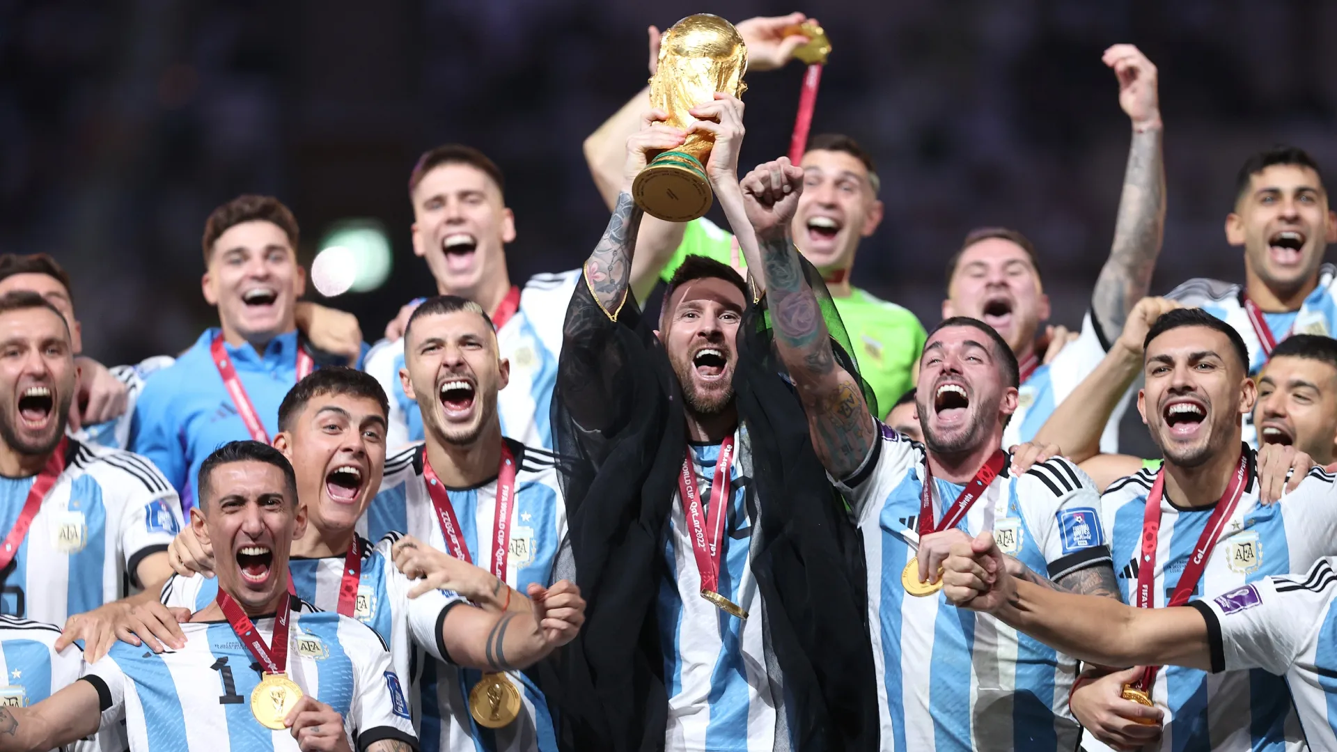 Lionel Messi of Argentina lifts the FIFA World Cup Qatar 2022 Winner’s Trophy.