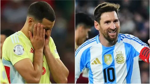 Mikel Merino of Spain looks dejected and Lionel Messi of Argentina celebrates.
