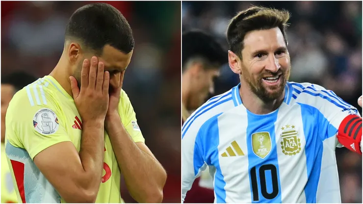 Mikel Merino of Spain looks dejected  and Lionel Messi of Argentina celebrates.
