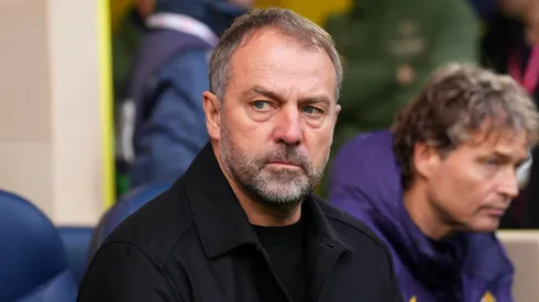 Hansi Flick, Head Coach of FC Barcelona, looks on during the LaLiga EA Sports match.