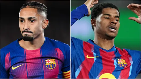 Barcelona's Raphinha and Marcus Rashford.