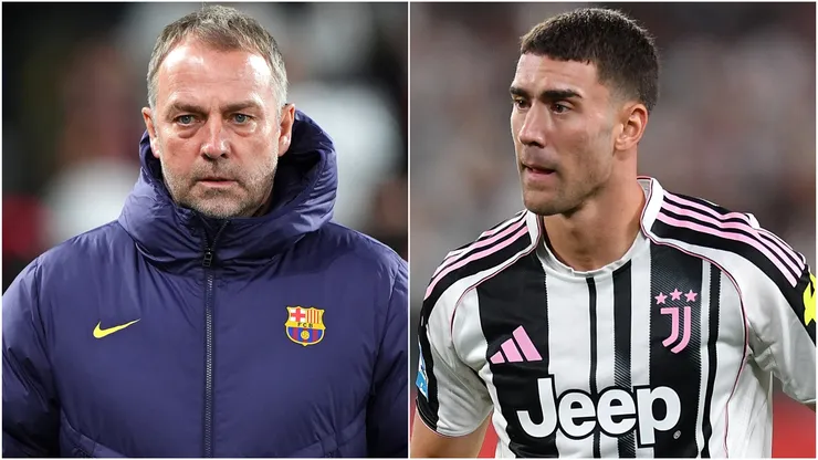 Hansi Flick, Head Coach of FC Barcelona and Dusan Vlahovic of Juventus.
