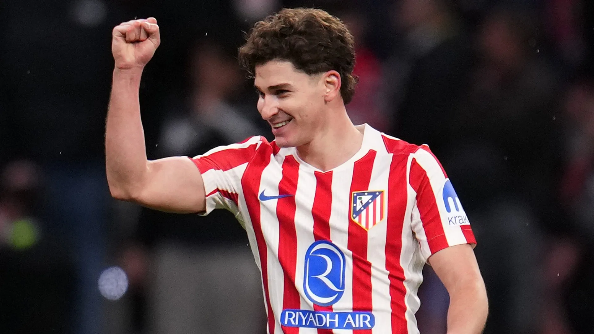 Julian Alvarez of Atletico de Madrid celebrates scoring against FC Barcelona.