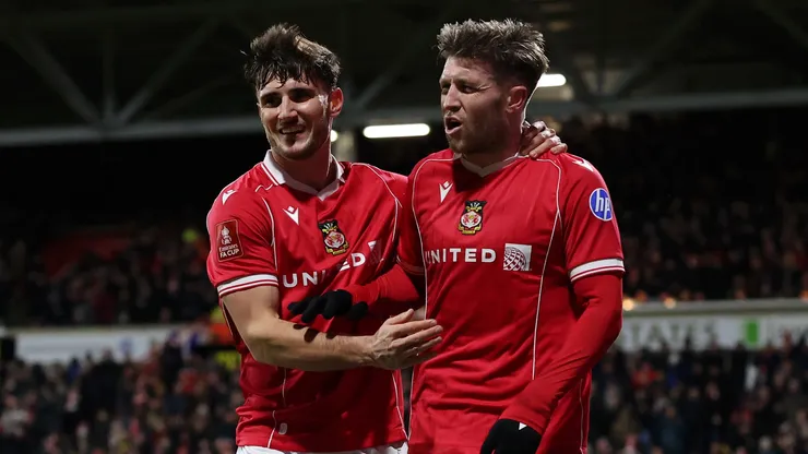 Josh Windass of Wrexham celebrates after scoring his teams goal against Ipswich Town.