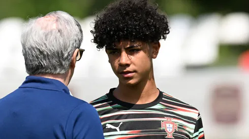 Cristiano Ronaldo Jr of Portugal speaks to a coach