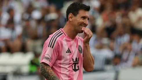Lionel Messi of Inter Miami gestures during a friendly match between Alianza Lima and Inter Miami