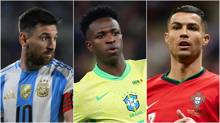 Lionel Messi (L) of Argentina, Vinicius Junior (M) of Brazil, and Cristiano Ronaldo (R) of Portugal.