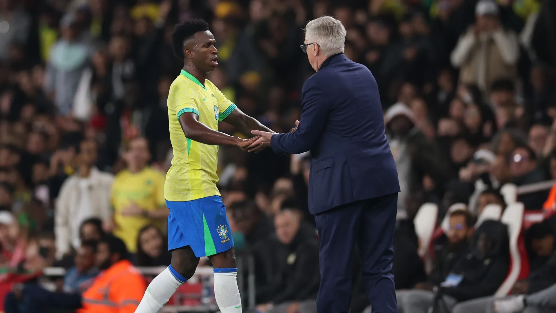 Vinicius Junior is subbed off by Carlo Ancelotti, Head Coach of Brazil.