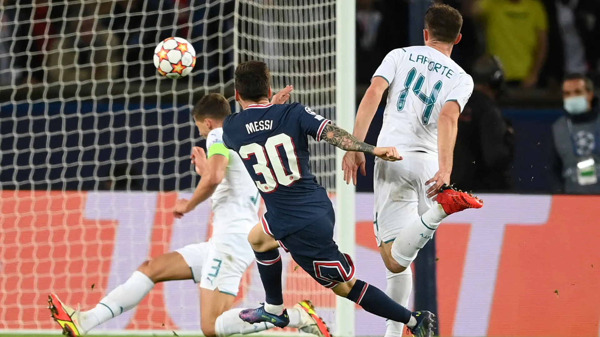 Lionel Messi of Paris Saint-Germain scores against Manchester City.
