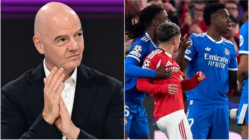 FIFA President Gianni Infantino (left) and Gianluca Prestianni of Benfica speaks towards Vinicius Junior of Real Madrid (right)