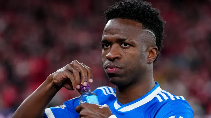 Vinicius Junior of Real Madrid looks on prior to the UEFA Champions League.