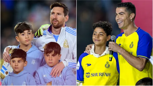 Lionel Messi #10 of Inter Miami CF with his family Antonella Rocuzzo, Thiago, Mateo and Ciro pose (left) and Cristiano Ronaldo and his son Cristiano Ronaldo Jr, (right)
