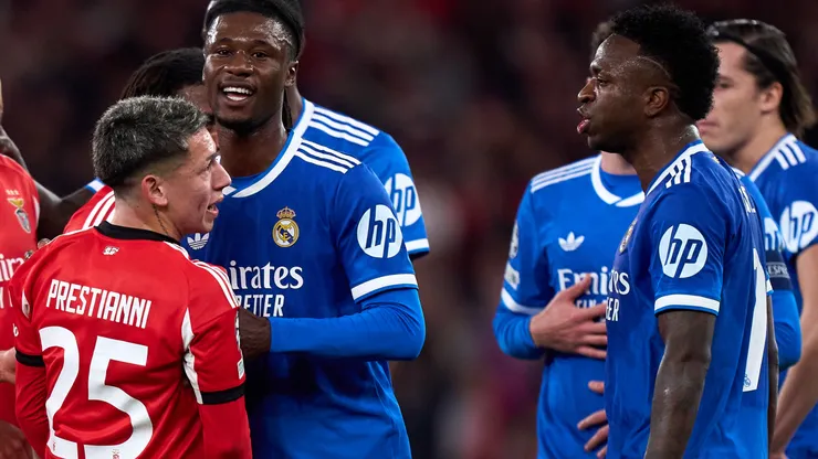 ianluca Prestianni of Benfica speaks towards Vinicius Junior of Real Madrid
