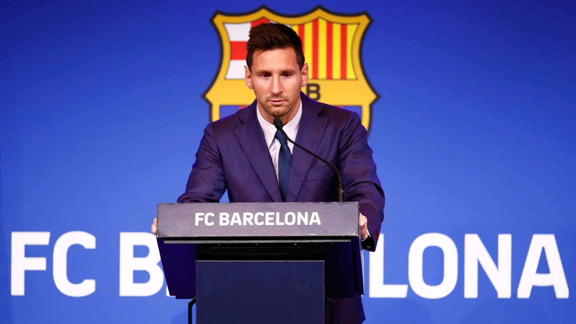 Lionel Messi of FC Barcelona faces the media during a press conference at Nou Camp