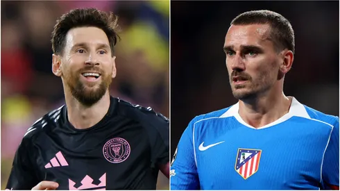 Lionel Messi #10 of Inter Miami and Antoine Griezmann of Atletico de Madrid.