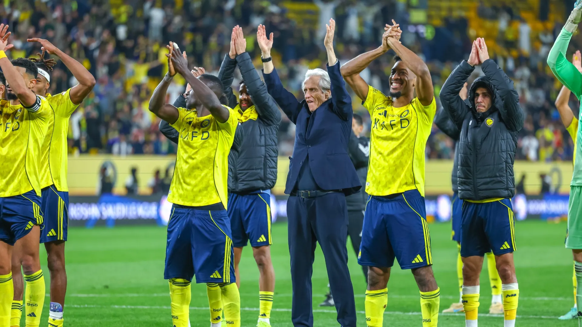 Jorge Jesus team Manager of Al-Nassr FC and Al-Nassr FC Players celebrate the win against Al Ittihad with the fans.