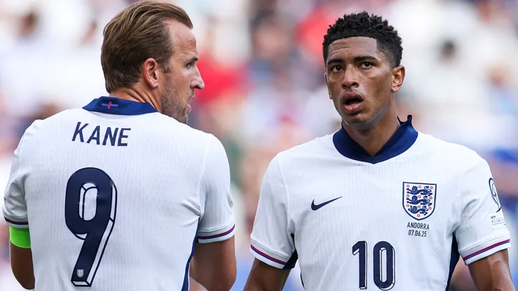 Jude Bellingham of England and Harry Kane of England look on during the FIFA World Cup 2026 European Qualifiers