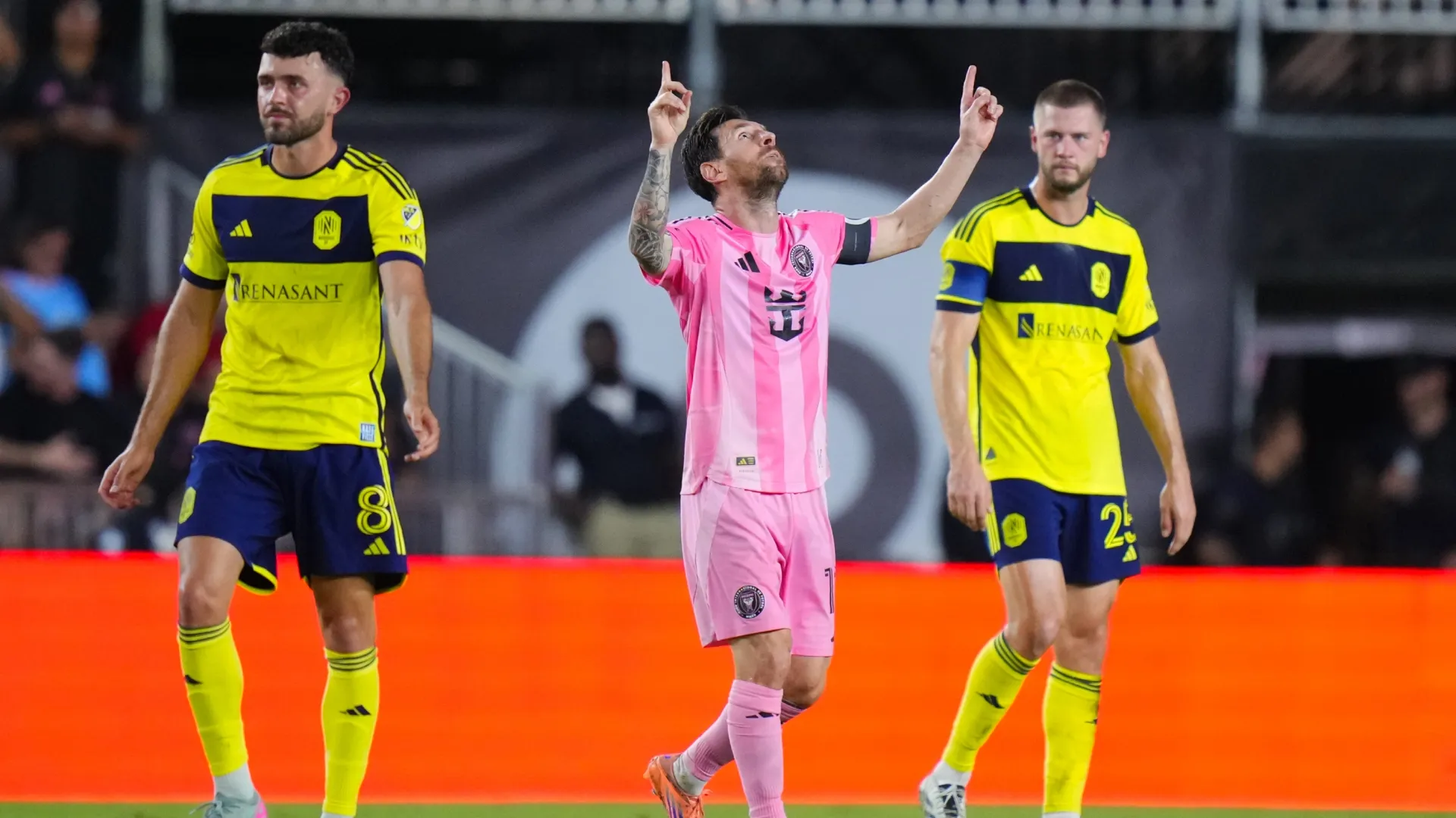 Lionel Messi #10 of Inter Miami CF celebrates after scoring against Nashville SC.