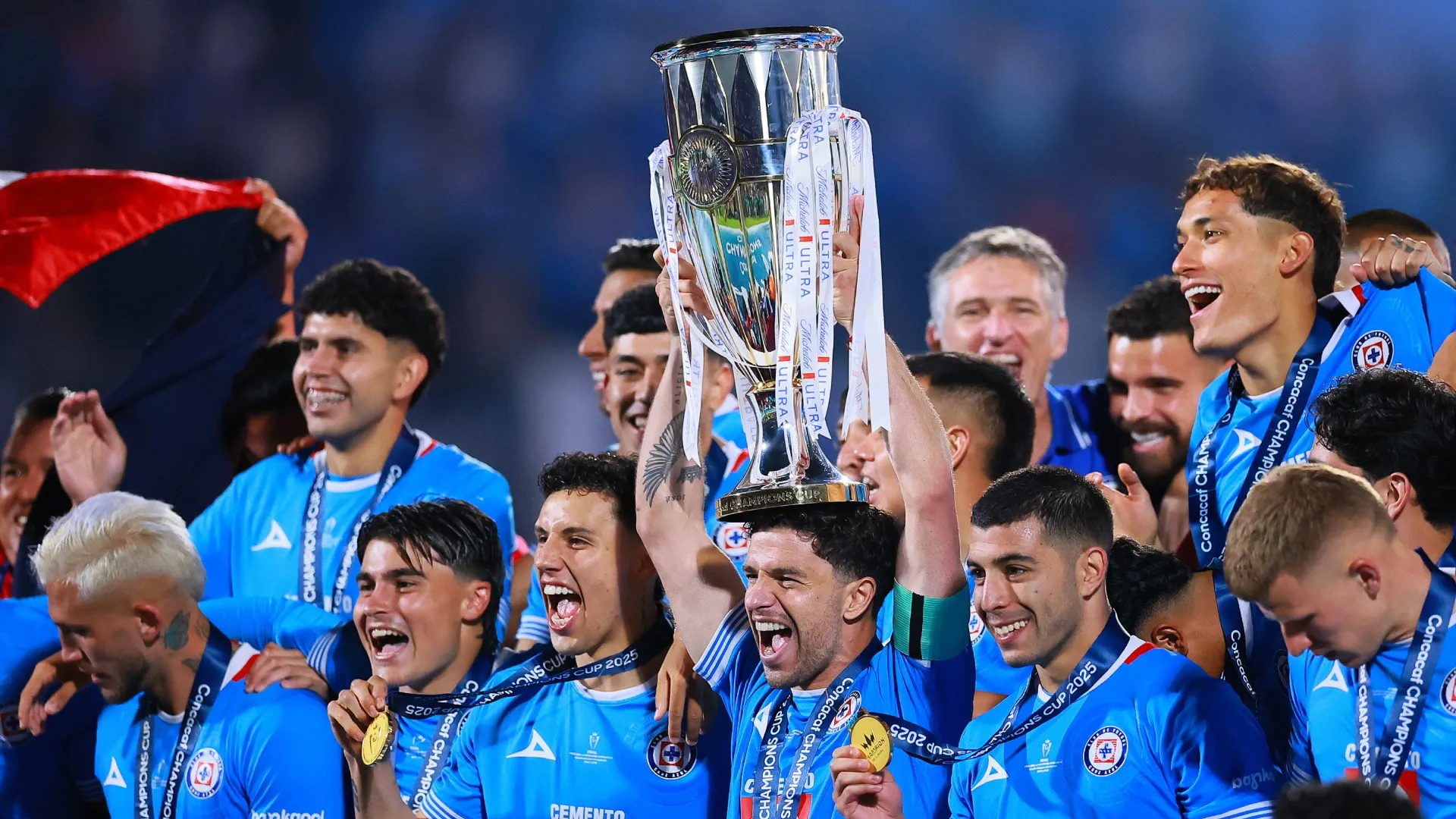 Cruz Azul celebrating with the CONCACAF Champions Cup 2025 trophy.