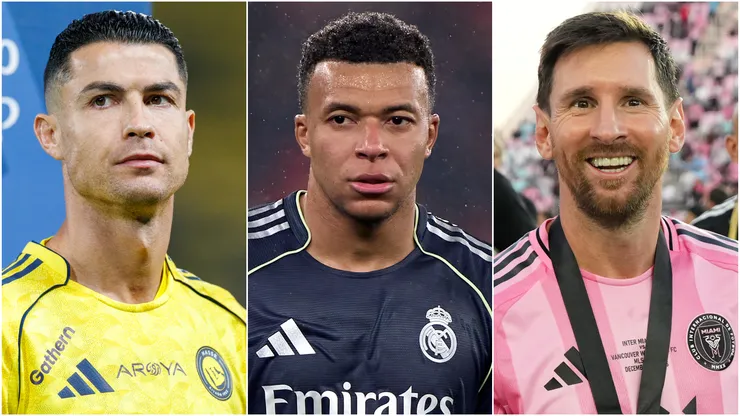 Cristiano Ronaldo (left), Kylian Mbappe (center), and Lionel Messi (right)