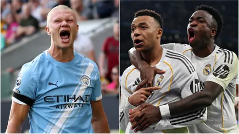 Erling Haaland (left) and Kylian Mbappe and Vinicius Junior (right)