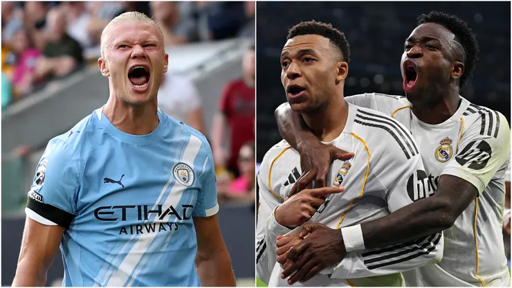 Erling Haaland (left) and Kylian Mbappe and Vinicius Junior (right)
