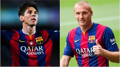 Lionel Messi (left) and Jeremy Mathieu (right)