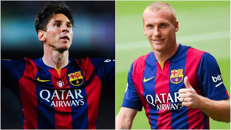 Lionel Messi (left) and Jeremy Mathieu (right)
