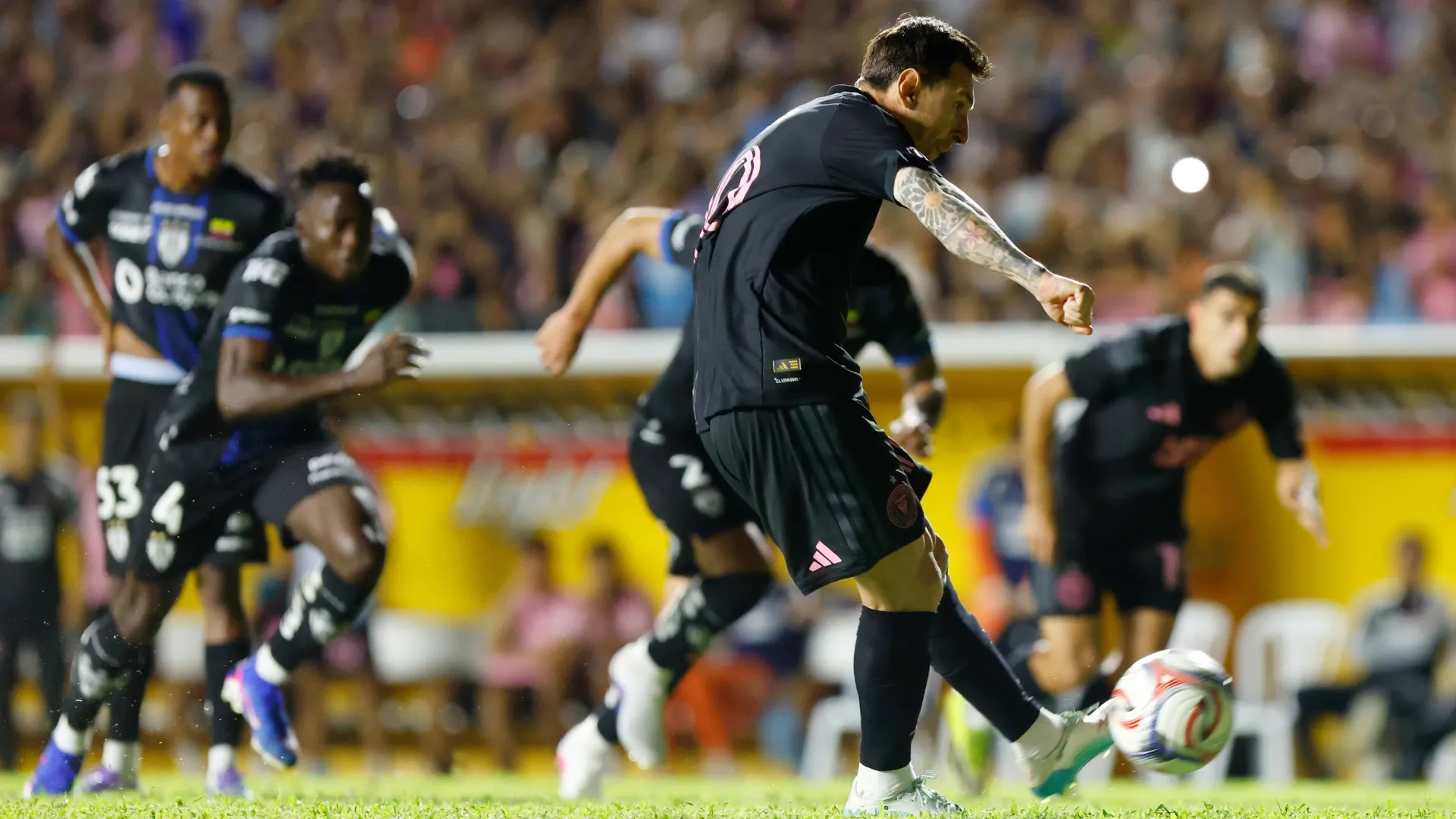 Lionel Messi of Inter Miami scoring a penalty against Independiente del Valle.