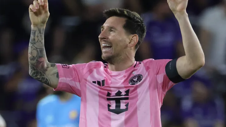 Lionel Messi #10 of Inter Miami CF celebrates after scoring against Orlando City.
