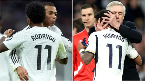 Rodrygo with Kylian Mbappe and Carlo Ancelotti