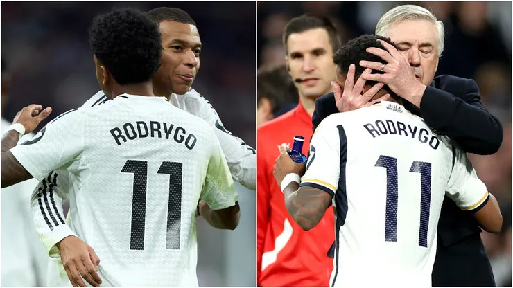Rodrygo with Kylian Mbappe and Carlo Ancelotti
