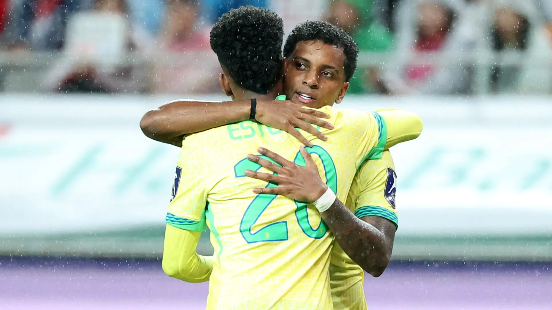 Rodrygo of Brazil (R) celebrates with Estevao (L) after scoring for Brazil.