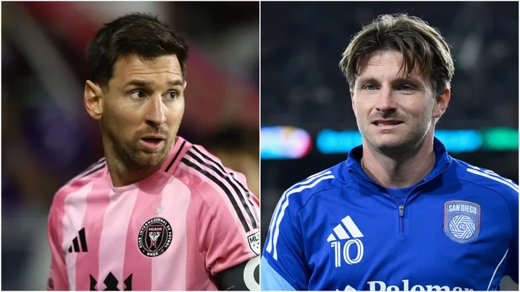 Lionel Messi #10 of Inter Miami CF and Anders Dreyer #10 of the San Diego FC.
