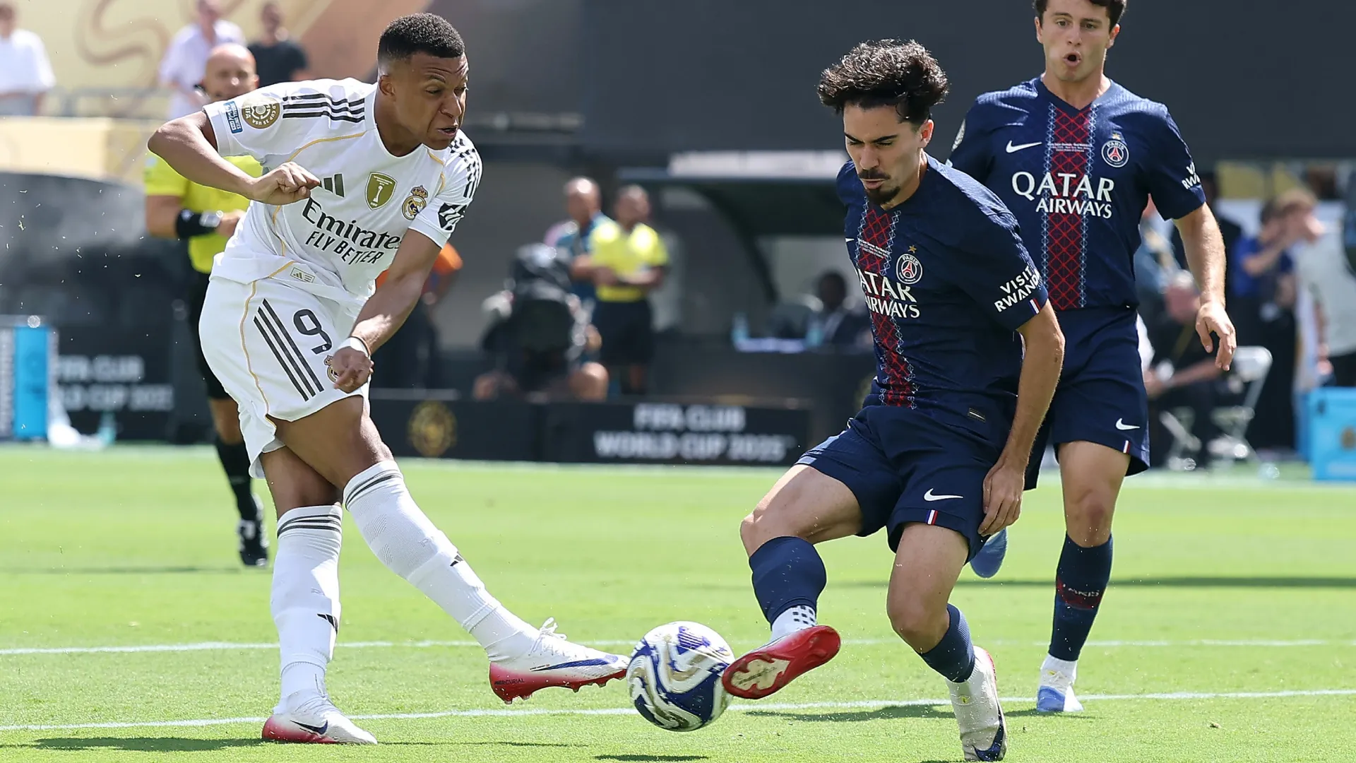 Kylian Mbappe #9 of Real Madrid C.F. and Vitinha #17 of Paris Saint-Germain.